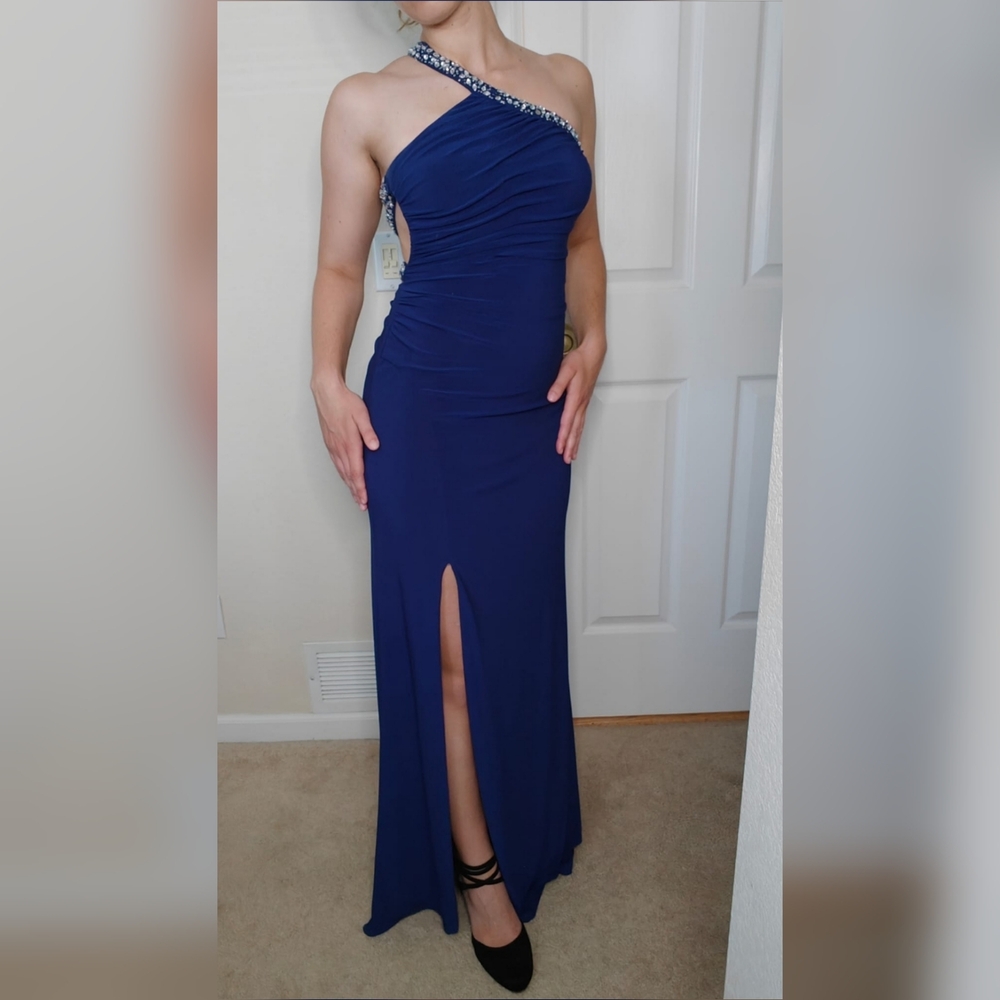 Adrianna Papell Royal Blue One-Shoulder Gown